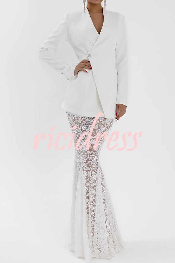 Poetic Muse Floral Lace High Rise Elastic Waist Fishtail Hem Maxi Skirt