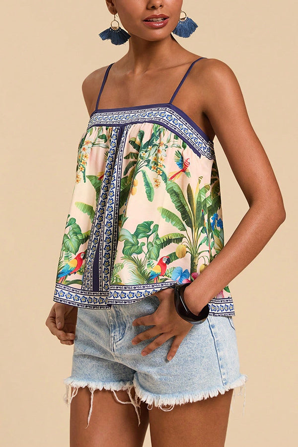 Tropical Print Casual Halter Backless Loose Top