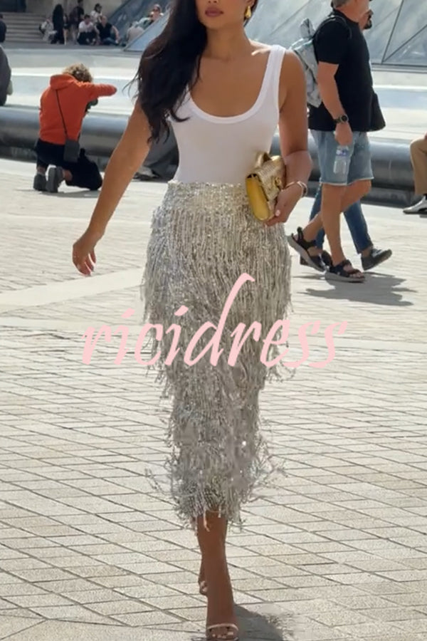 Evening Charm Layered Sequined Tassels High Rise Back Zipper Slit Midi Skirt
