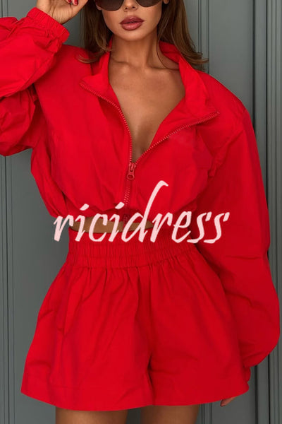 Solid Color Lapel Long-sleeved Loose Zipper Jacket and Elastic Waist Casual Shorts Set
