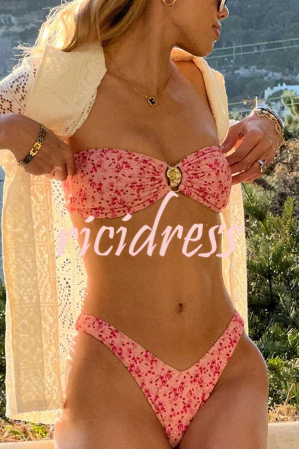 Floral Print Conch Buttoned Two-piece Stretch Bikini Swimsuit