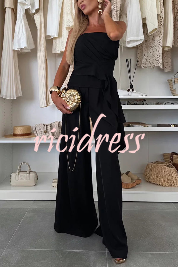 Elegant Solid Color Asymmetric Ruffles Bandeau Top and High Waist Wide Leg Pants Set