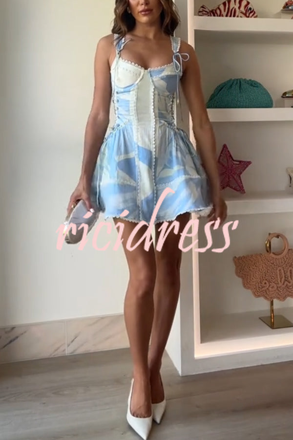 Avere Linen Blend Unique Print Scallop Trim Side Lace-up Mini Dress