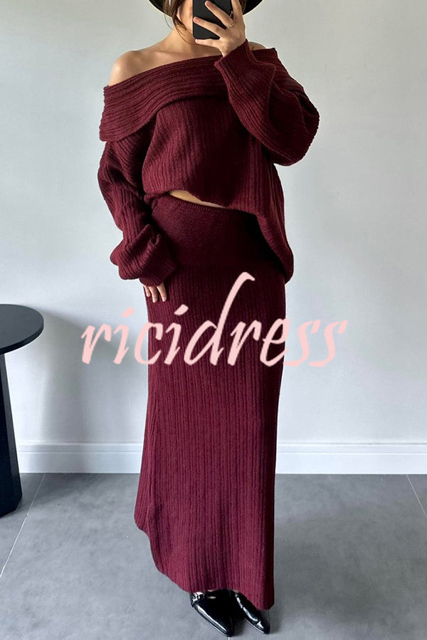 Luka Ribbed Knit Off Shoulder Long Sleeve Sweater and Stretch Maxi Skirt Set