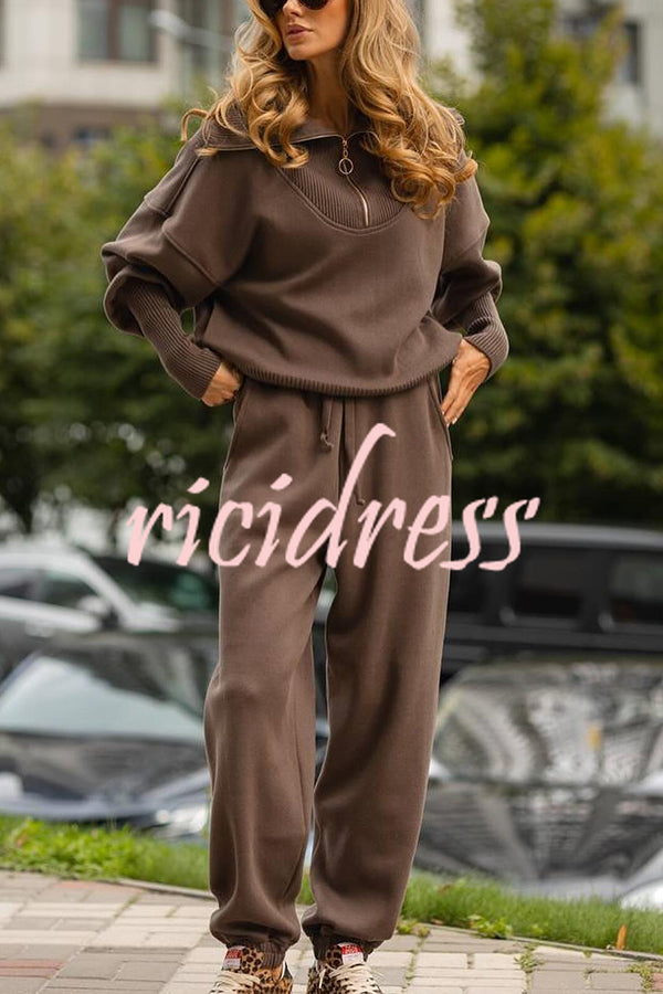 Solid Color Long-sleeved Zip-up Sweatshirt and Elastic Waist Loose Pocket Pants Set