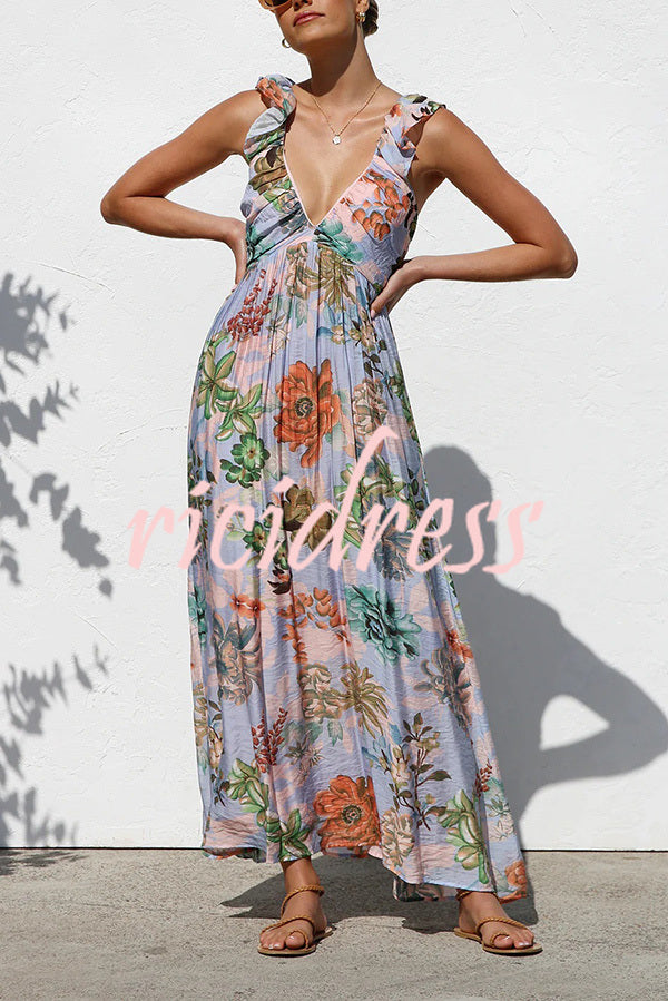 Unique Printed V-neck Ruffled Straps Pleated Back Maxi Dress