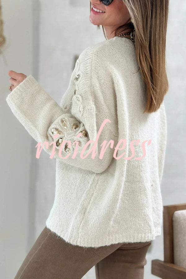 Fashionable Sequined Floral Loose Long-sleeved Knit Sweater