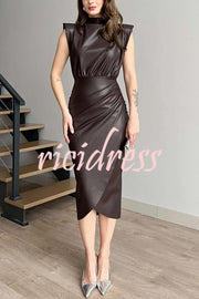 Elouise Faux Leather Turtleneck Shoulder Pads Ruched Slit Midi Dress