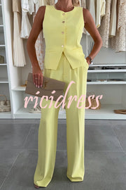 Workplace Chic Sleeveless Button Vest and Relaxed Pocket Wide Leg Pants Set