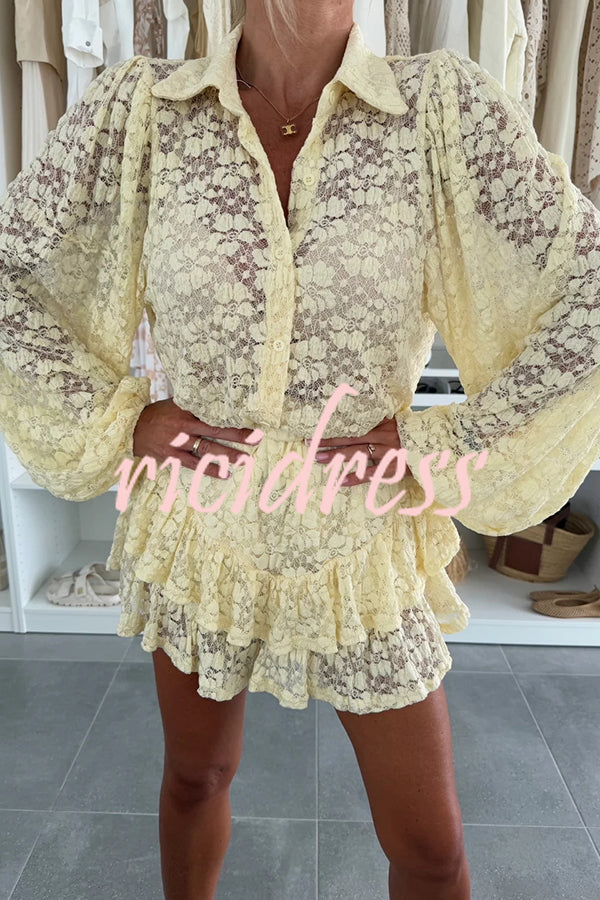Nicola Lace Long Balloon Sleeve Blouse and Elastic Waist Layered Skort Set