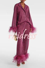 Glitter Fabric Feather Trim Long Sleeve Button Top and Elastic Waist Loose Straight Pants Set