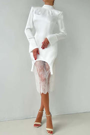 Melissa Satin High Neck Long Sleeve Curved Hem Top and Lace Midi Skirt Set