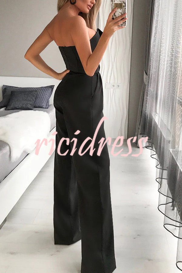 Tuxedo-style Off Shoulder Pocket Wide Leg Formal Jumpsuit