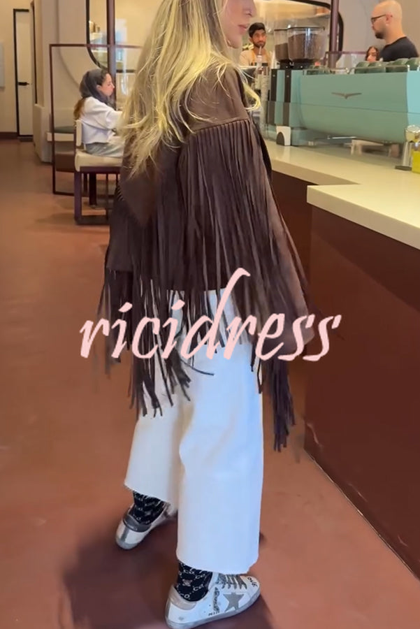 Western City Suede Long Tassels Long Sleeve Lapel Relaxed Jacket