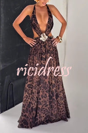 Kinara Leopard Print Deep V-neck Metal Flower Hollow Beads Detail Slit Maxi Dress