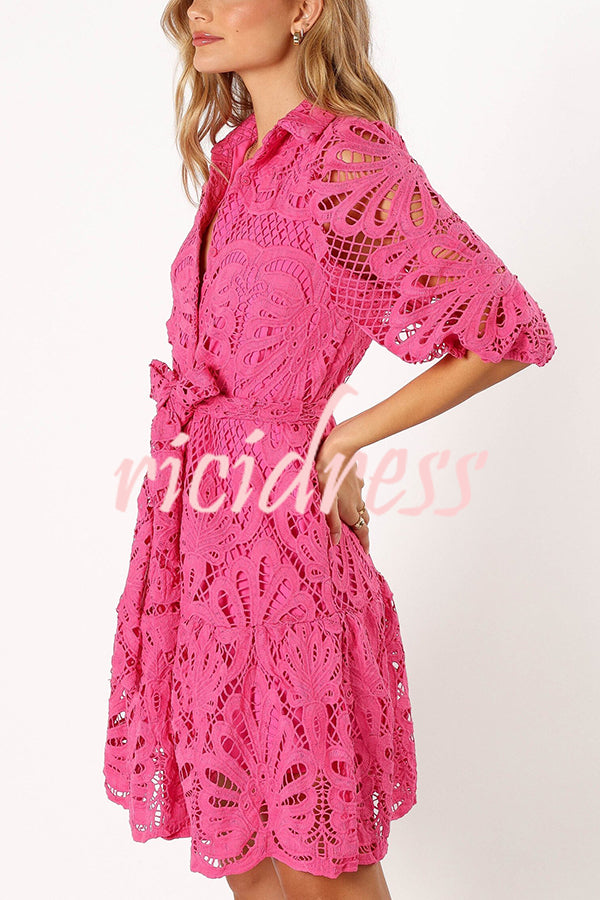 Solid Color Lace Cutout Balloon Sleeves and Waist Tie Mini Dress