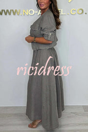 Solid Color Casual Short Jacket and Suspender Pleated Maxi Dress Set