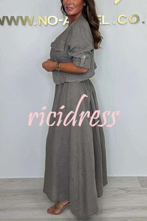 Solid Color Casual Short Jacket and Suspender Pleated Maxi Dress Set