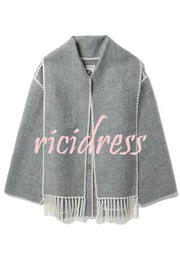 Stylish Loose Pocket Long Sleeve Coat and Warm Fringed Scarf