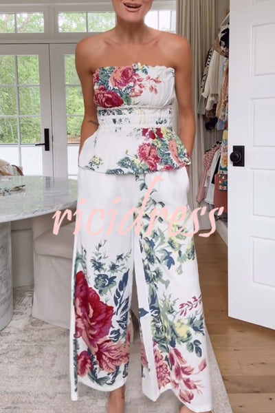 In To The Summer Linen Blend Floral Print Elastic Bandeau and Elastic Waist Pocket Loose Pants Set