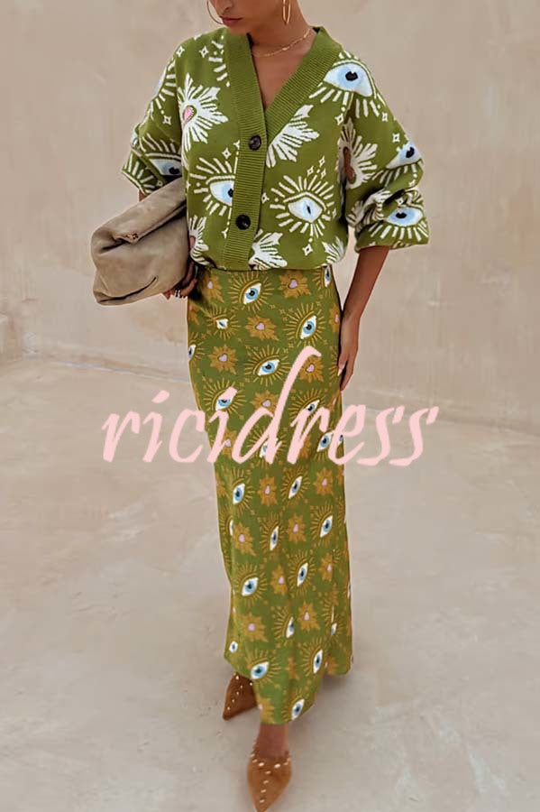 Mysterious Magic Satin Eye Heart Pattern Elastic Waist Drape Maxi Skirt