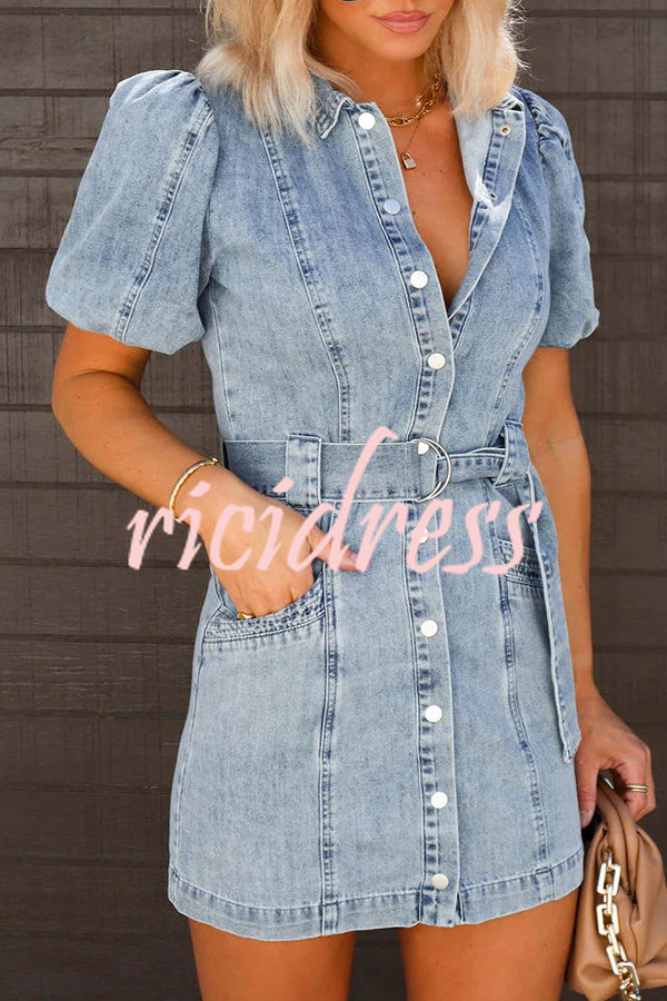 Ada Pocketed Single Breasted Belted Denim Mini Dress