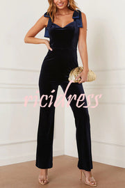 Merlot Sippin' Velvet Shoulder Tie Flare Stretch Jumpsuit