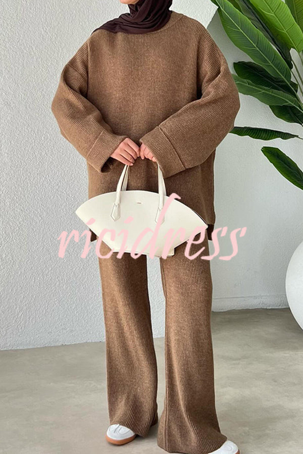Solid Color Loose Long-sleeved Knit Top and Elastic Waist Casual Straight Leg Pants Set