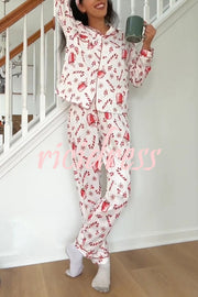 Christmas Candy and Drink Printed Long-sleeved Shirt and Elastic Waist Pocket Pants Set