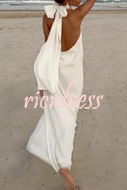 Floral Embellished Satin Halterneck Backless Resort Maxi Dress