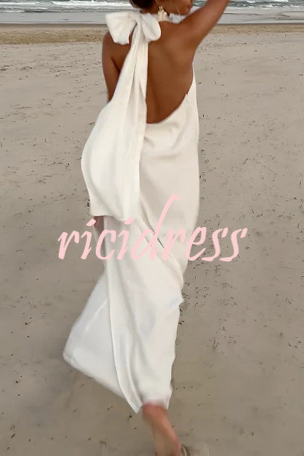 Floral Embellished Satin Halterneck Backless Resort Maxi Dress
