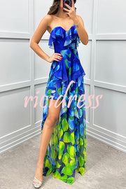 Loving Moment Gradient Unique Print Flowing Layered Ruffles Strapless Slit Maxi Dress