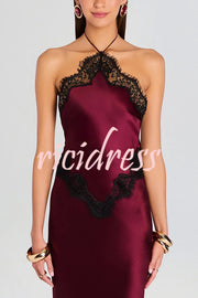 Everly Contrast Color Satin Lace Trim Halter Back Lace-up Flare Maxi Dress