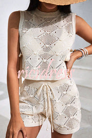 Solid Color Sleeveless Tie Knitted Vest and Loose Elastic Waist Drawstring Shorts Set