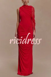 Fashionable Mesh Shawl Sleeveless Slim Fit Pleated Maxi Dress