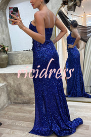 Let The Banquet Begin Sequin Off Shoulder Side Ruched Slit Maxi Dress