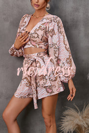 Artfully Done Palace Print Lace-up Elastic Waist Loose Romper