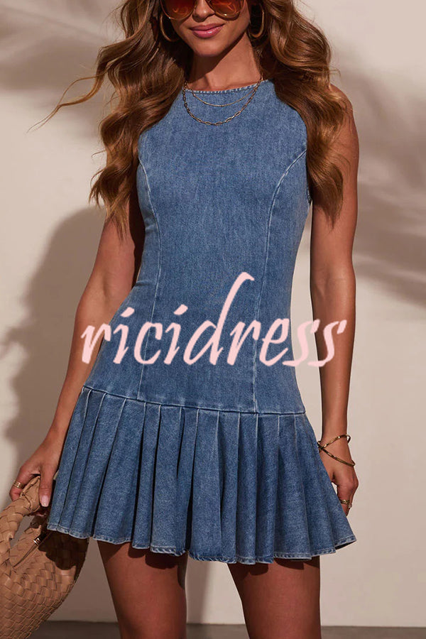 Fashionable Spliced Back Hollow Lace-up Pleated Slim-fit Denim Mini Dress