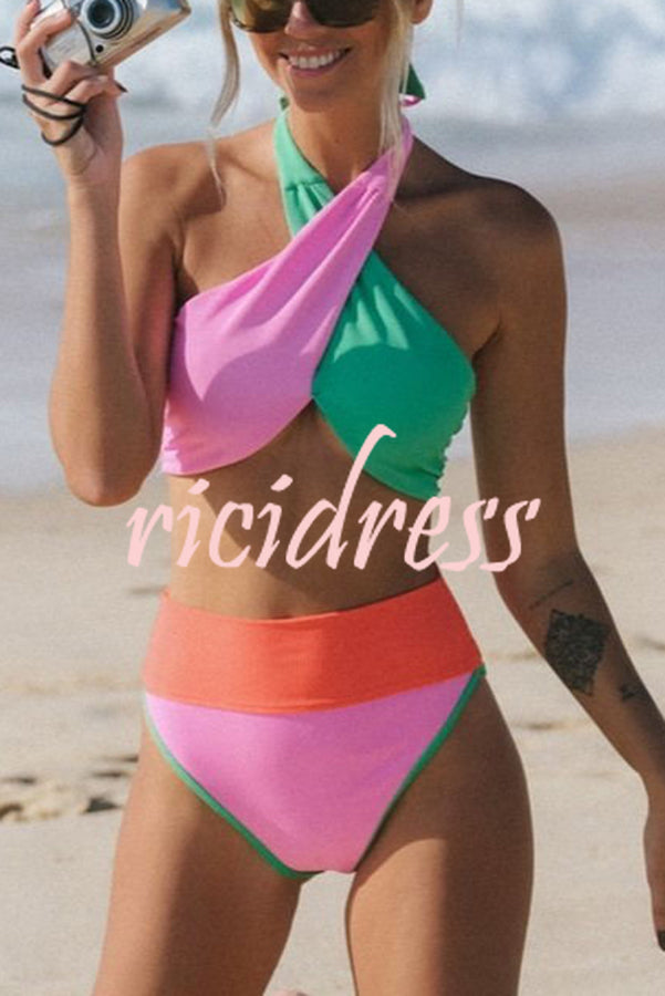 Summer Brights Ribbed Color Block Cross Halter Neck High Rise Bikini Swimsuit