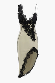 Sexy Lace Paneled Deep V Suspender Slim Midi Dress