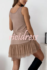 Breezy City Tulle Lace Tiered Hem Stretch Tank Mini Dress
