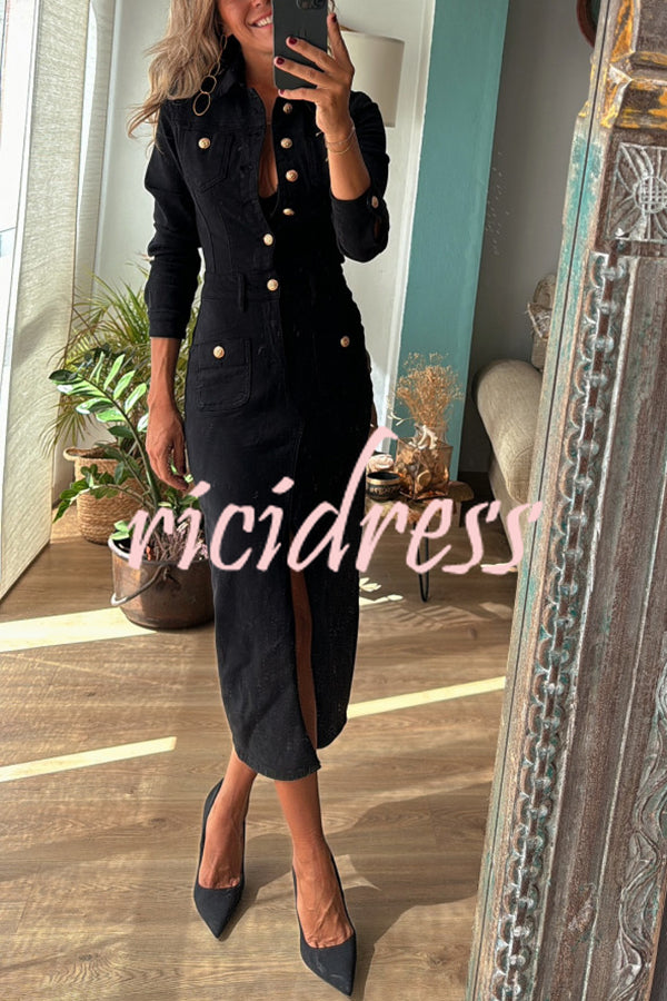 Tessy Denim Metal Button Zipper Shirt Stretch Pencil Slit Midi Dress