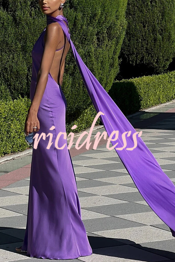 Crush on You Satin One Shoulder Backless Cape Maxi Dress