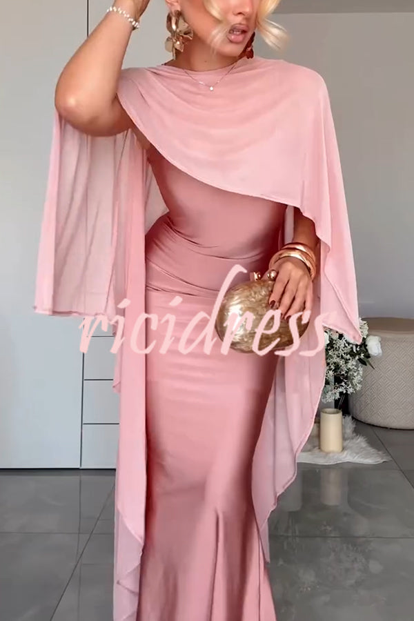 Party Charm Satin Sheer Chiffon High Low Cape Slip Maxi Dress