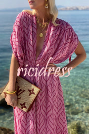 Shells By The Coast Printed Drawstring Design Kimono Beach Maxi Dress