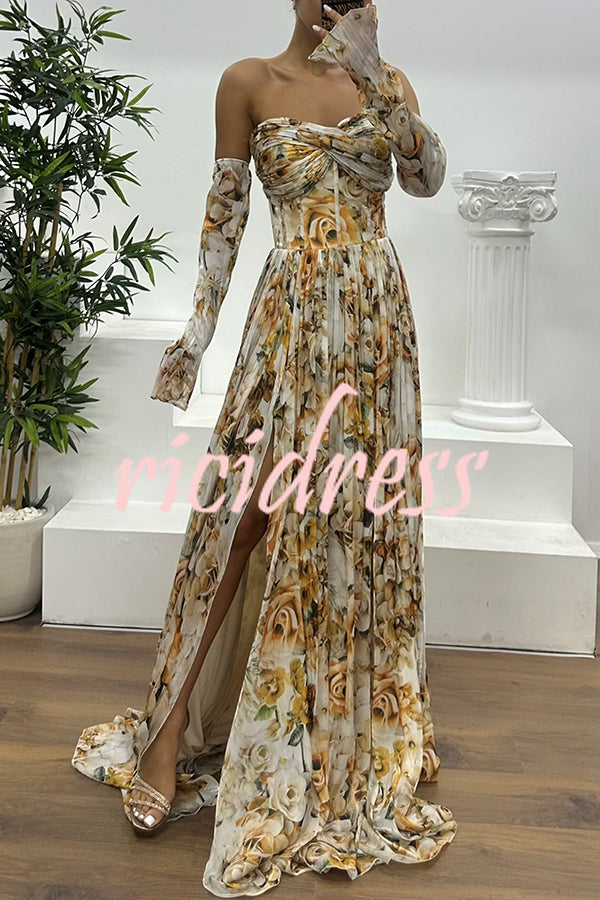 Reina Chiffon Floral Print Pleated Bodice Split Sleeve Strapless Slit Maxi Dress