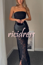 Dulcie Lace and Satin Patchwork Asymmetrical Pleats Bandeau Maxi Dress