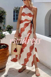 Enjoy A Sunny Linen Blend Shell Print One Shoulder Cutout Waist Tie-up Slit Maxi Dress