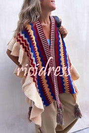Retro Bohemian Fringed Ruffle Trim Shawl Cardigan
