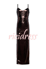 Dazzling Like Flowing Water Sequin V-neck Back Zipper Slit Maxi Dress